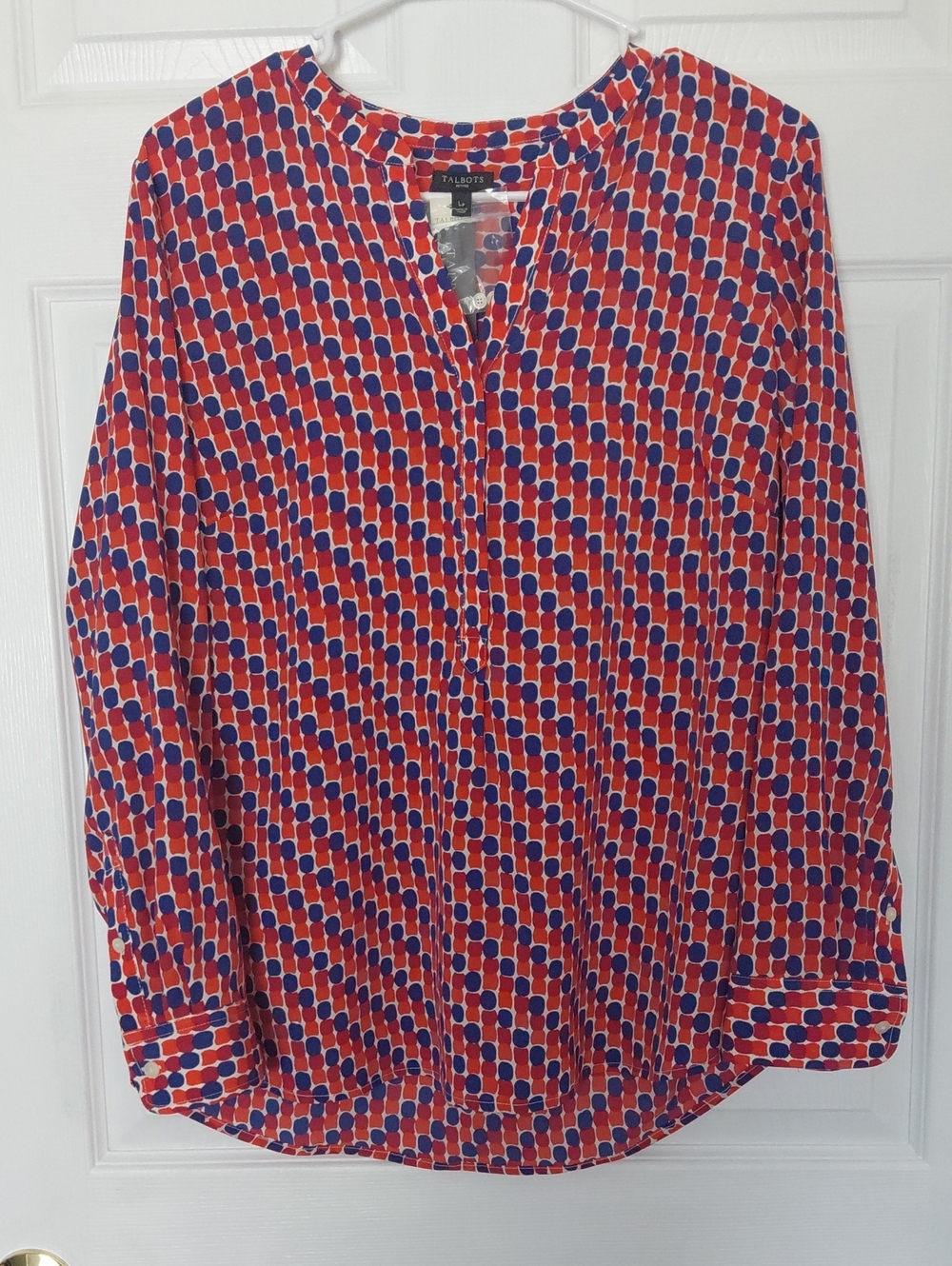 Talbots NWT Split Neck Popover Blouse Red Blue Mosaic Geometric Print Size LP